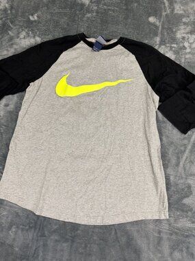 Nike Mens Gray Black Raglan Sleeve Neon Yellow Swoosh Crewneck Tee Size XL